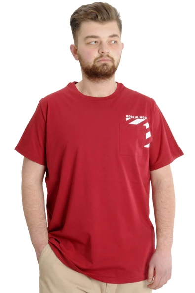 Mode XL Büyük Beden Erkek T-shirt PRINT 23203 Bordo - 1