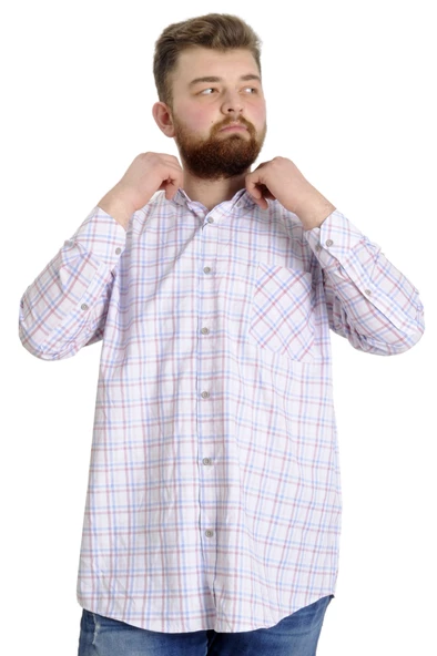 Mode XL Büyük Beden Erkek Gömlek Ekose Uzun Kollu 23300 Somon - 3