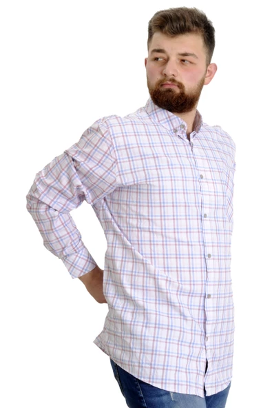 Mode XL Büyük Beden Erkek Gömlek Ekose Uzun Kollu 23300 Somon - 4