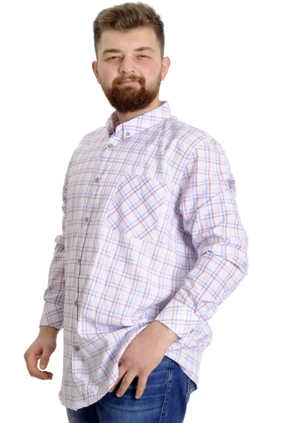 Mode XL Büyük Beden Erkek Gömlek Ekose Uzun Kollu 23300 Somon