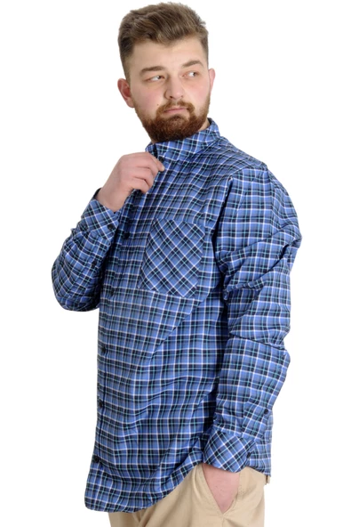 Mode XL Büyük Beden Erkek Gömlek Ekose Uzun Kollu 23300 Lacivert-Beyaz - 2