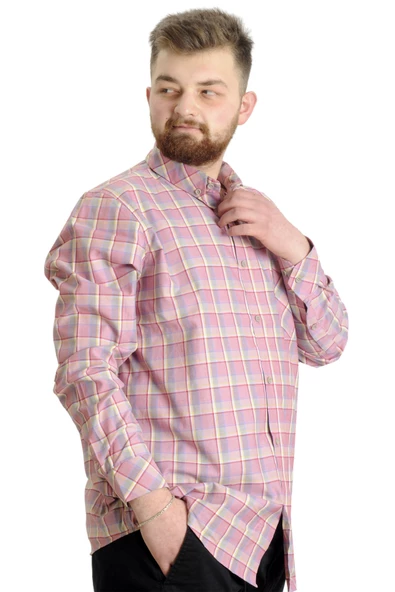 Mode XL Büyük Beden Erkek Gömlek Ekose Uzun Kollu 23300 Koyu Bordo - 3