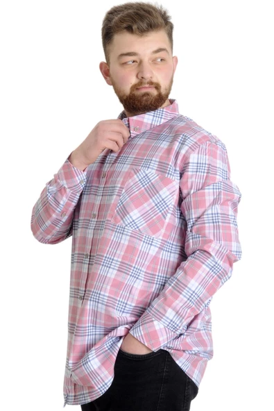 Mode XL Büyük Beden Erkek Gömlek Ekose Uzun Kollu 23300 Koyu Pembe - 2