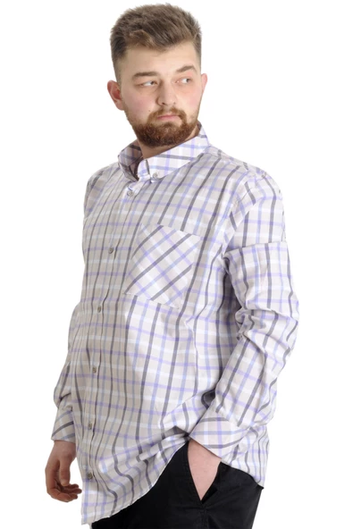 Mode XL Büyük Beden Erkek Gömlek Ekose Uzun Kollu 23300 Karamel - 3