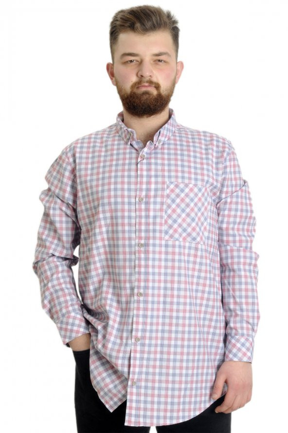 Mode XL Büyük Beden Erkek Gömlek Ekose Uzun Kollu 23300 Kırık Beyaz