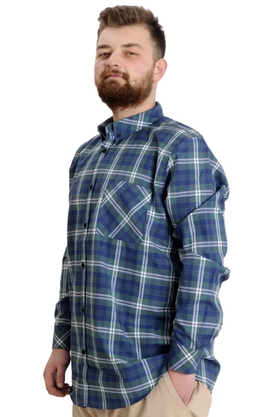 Mode XL Büyük Beden Erkek Gömlek Ekose Uzun Kollu 23300 Koyu Yeşil - 3