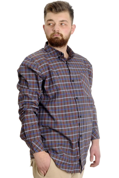 Mode XL Büyük Beden Erkek Gömlek Ekose Uzun Kollu 23300 Haki - Resim 2