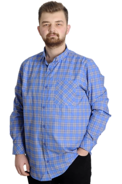Mode XL Büyük Beden Erkek Gömlek Ekose Uzun Kollu 23300 Açık Saks - 2