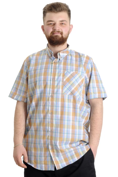 Mode XL Büyük Beden Erkek Gömlek Ekose Kısa Kollu 23301 Yeşil