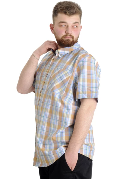 Mode XL Büyük Beden Erkek Gömlek Ekose Kısa Kollu 23301 Yeşil - 3