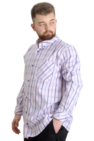 Mode XL Büyük Beden Erkek Gömlek Ekose Uzun Kollu 23300 Krem - 2