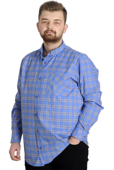 Mode XL Büyük Beden Erkek Gömlek Ekose Uzun Kollu 23300 Açık Saks - 3