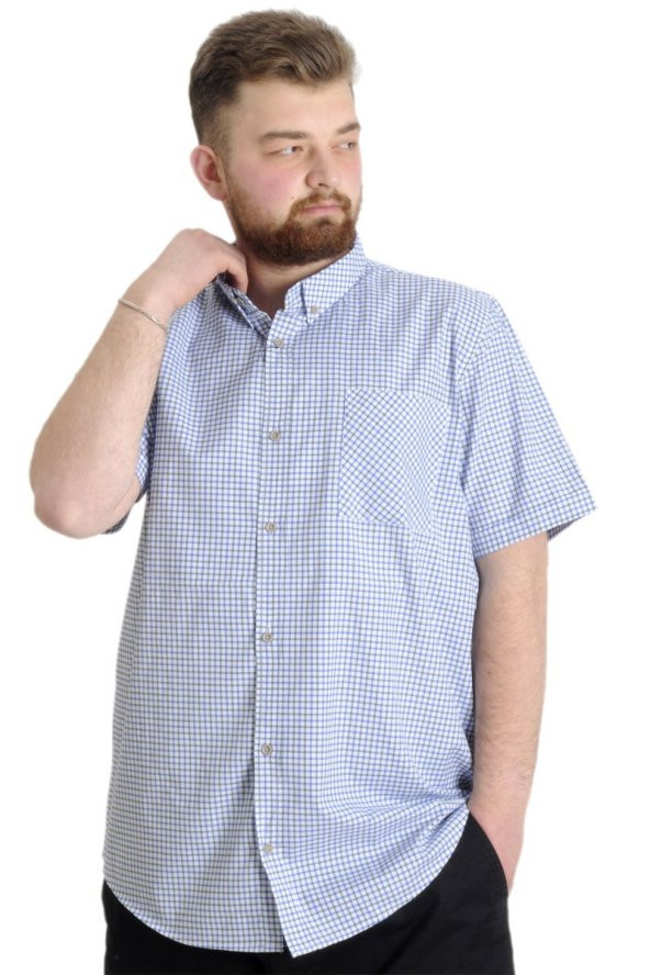 Mode XL Büyük Beden Erkek Gömlek Ekose Kısa Kollu 23301 Açık Saks