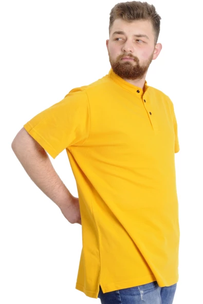Mode XL Büyük Beden Erkek T-shirt Hakim Yaka MD LOGO 22326 Hardal - Resim 2