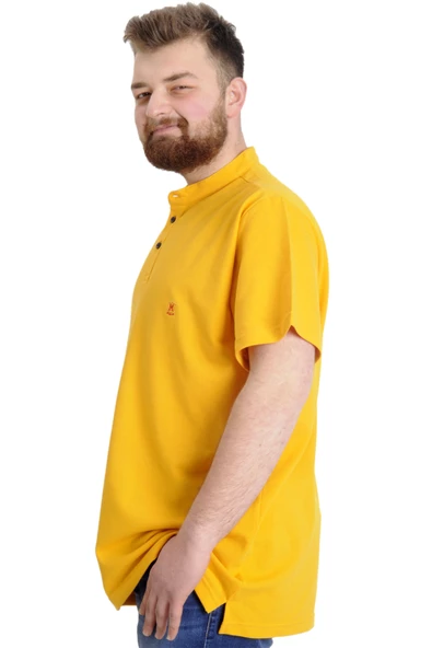 Mode XL Büyük Beden Erkek T-shirt Hakim Yaka MD LOGO 22326 Hardal - Resim 3