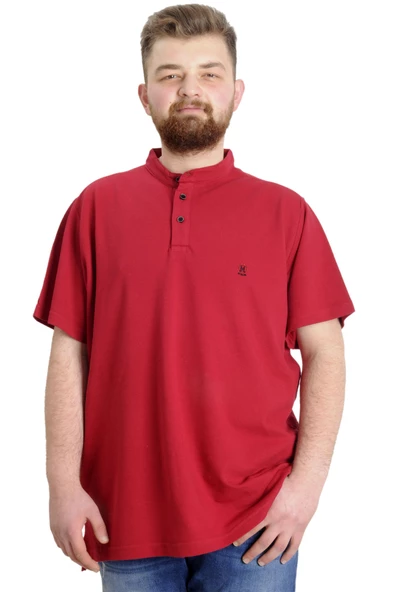 Mode XL Büyük Beden Erkek T-shirt Hakim Yaka MD LOGO 22326 Bordo