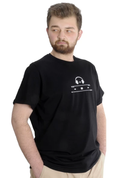 Mode XL Büyük Beden Erkek T-shirt HEADSET 23101 Siyah - 3