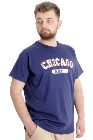 Mode XL Büyük Beden Erkek T-shirt CHICAGO 23105 İndigo - Resim 3