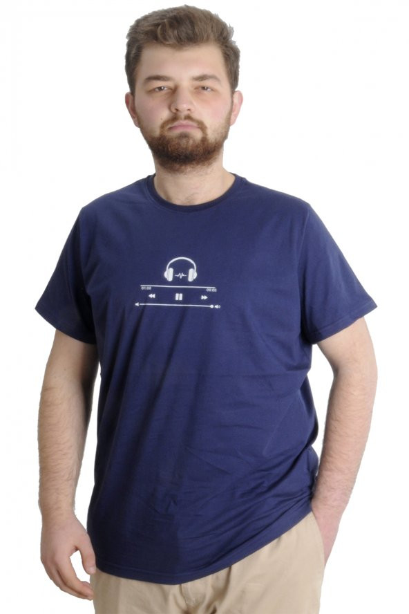 Mode XL Büyük Beden Erkek T-shirt HEADSET 23101 İndigo