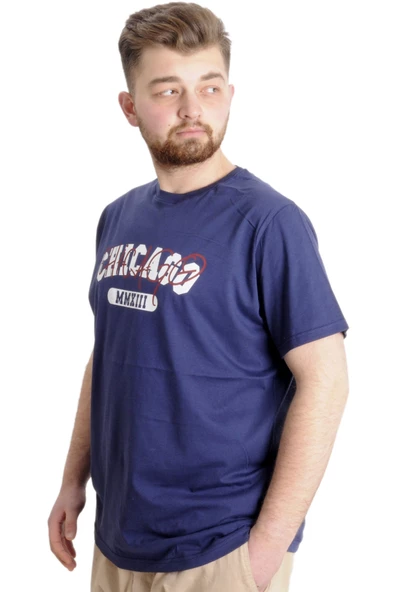 Mode XL Büyük Beden Erkek T-shirt CHICAGO 23105 İndigo - Resim 2