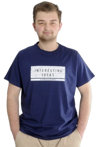 Mode XL Büyük Beden Erkek T-shirt INTERESTING IDEAS 23103 İndigo