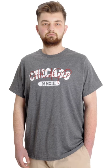 Mode XL Büyük Beden Erkek T-shirt CHICAGO 23105 Antramelanj