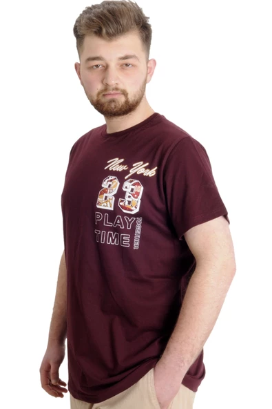Mode XL Büyük Beden Erkek T-shirt NEW YORK 23113 Mürdüm - Resim 2