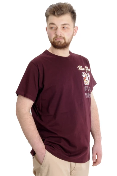 Mode XL Büyük Beden Erkek T-shirt NEW YORK 23113 Mürdüm - Resim 3