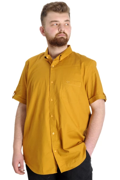 Mode XL Büyük Beden Erkek Gömlek Gabardin Kısa Kol Tek Cep 23302 Hardal ürün görseli 1