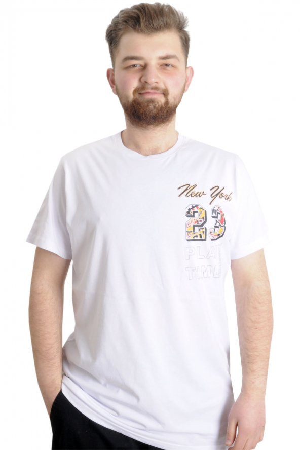 Mode XL Büyük Beden Erkek T-shirt NEW YORK 23113 Beyaz