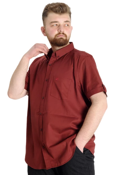 Mode XL Büyük Beden Erkek Gömlek Gabardin Kısa Kol Tek Cep 23302 Bordo - Resim 2