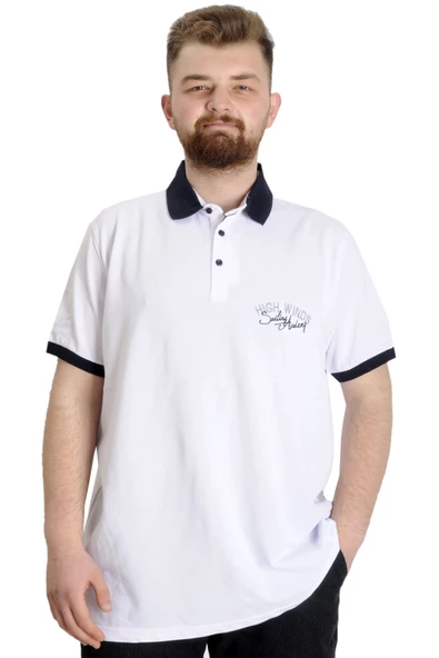 Mode XL Büyük Beden Erkek Polo T-shirt SAILING 23344 Beyaz