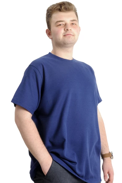 Mode XL Büyük Beden Erkek T-shirt Bisiklet Yaka WAFFLE 20033 İndigo - 3