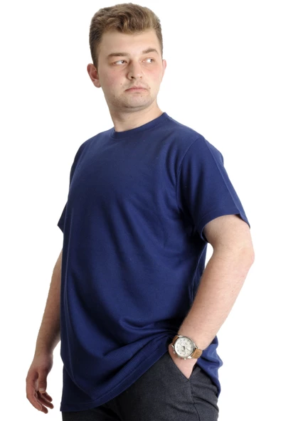 Mode XL Büyük Beden Erkek T-shirt Bisiklet Yaka WAFFLE 20033 İndigo - 2