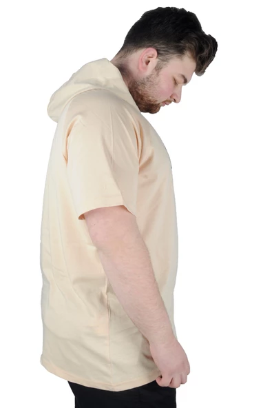 Mode XL Büyük Beden Tshirt Kapşonlu DBCA 22119 Bej - Resim 5