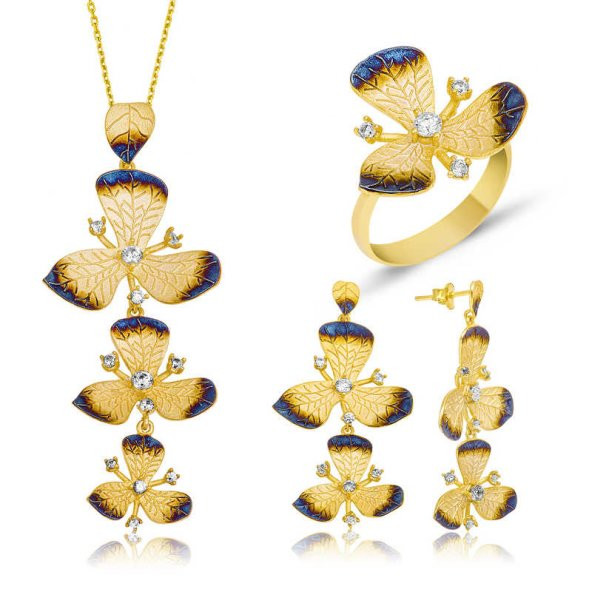 Gümüş Sarı Çiçek Bayan Set SL2328