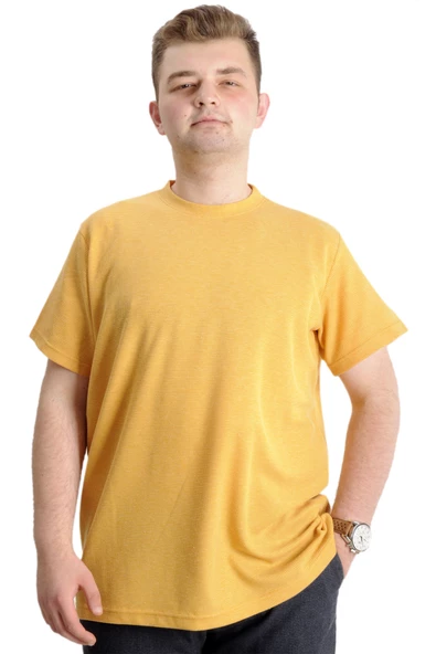 Mode XL Büyük Beden Erkek Bisiklet Yaka Basic T-shirt WAFFLE 23401 Hardal