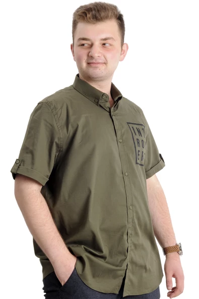 Mode XL Erkek Büyük Beden Gabardin Gömlek INTROVERT 23304 Haki - 3
