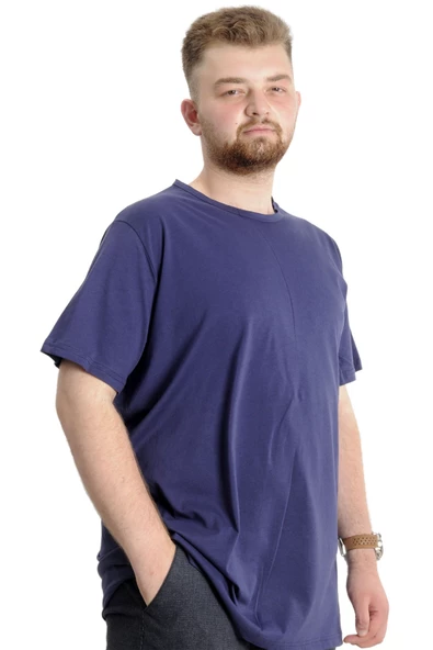 Mode XL Büyük Beden Erkek T-shirt Bisiklet Yaka Basic 23035 Açık Lacivert - 3
