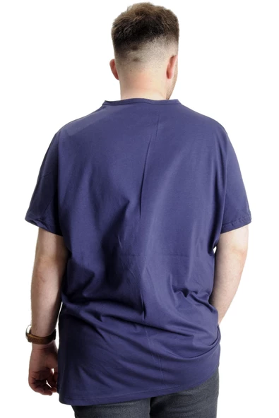 Mode XL Büyük Beden Erkek T-shirt Bisiklet Yaka Basic 23035 Açık Lacivert - 4