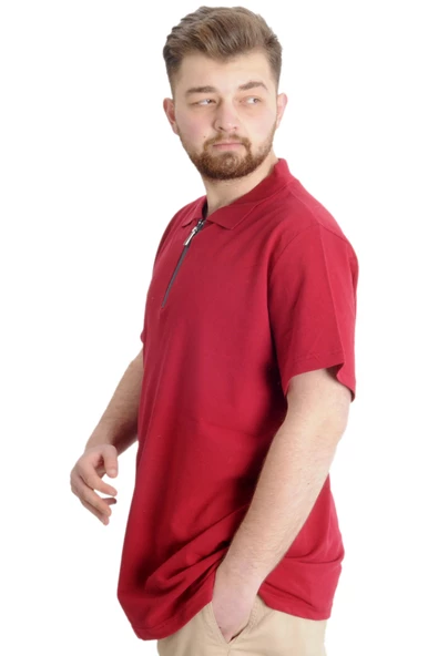 Mode XL T-shirt Polo Likralı Fermuarlı Yaka 21029 Bordo - Resim 3