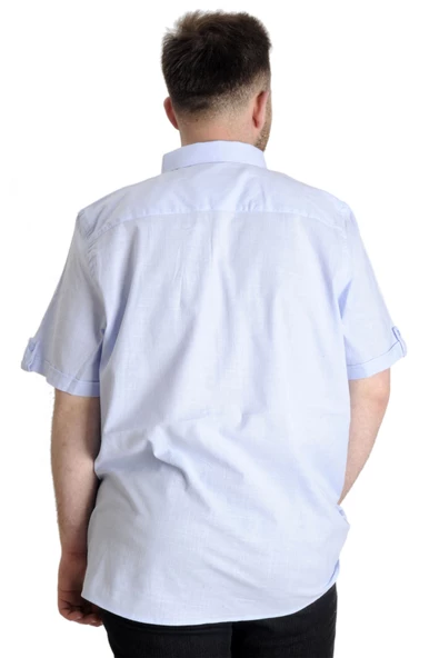 Mode XL Büyük Beden Erkek Keten Likralı Gömlek 20393 Açık Mavi - Resim 4