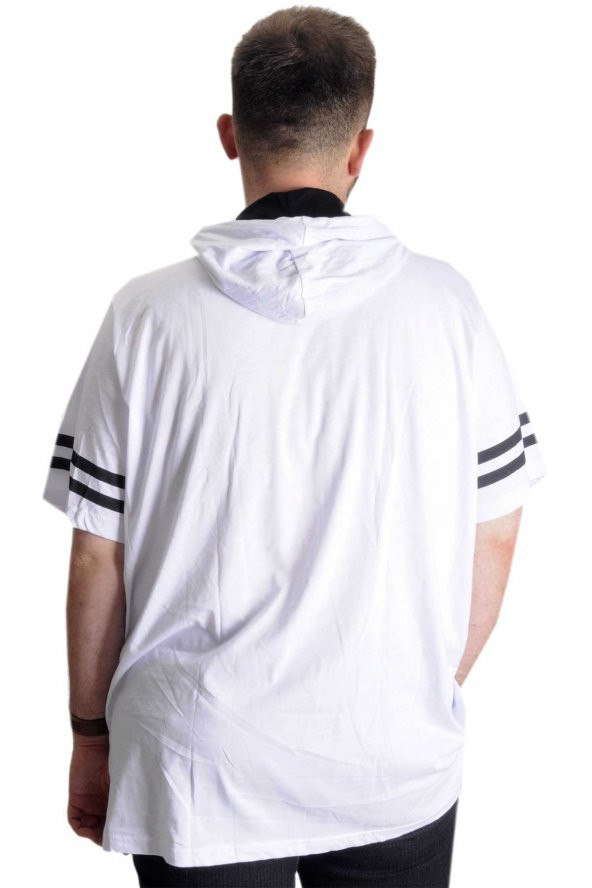 Mode XL Büyük Beden T-Shirt Bis Yaka Kapşon Double Lane 21123 Beyaz - 4