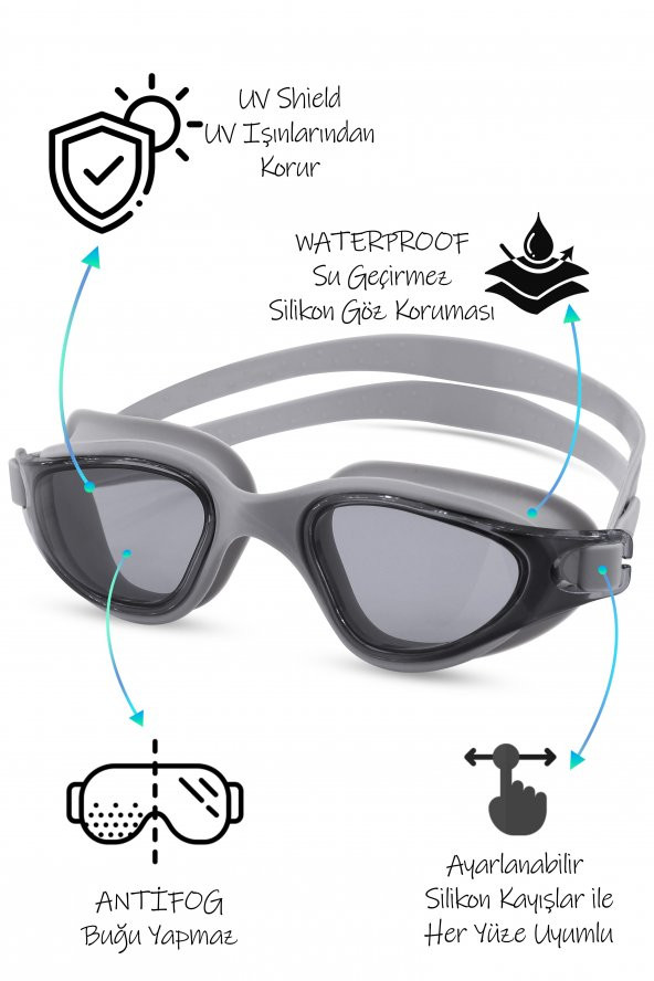 Swimmer PRO Buğu Yapmaz Antifog Yüzücü Gözlüğü Bone SET UV Korumalı Yüzme Havuz Deniz Gözlük Gri - 3