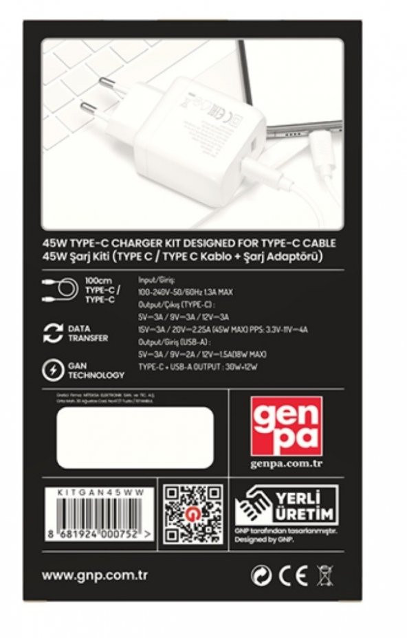 Genpa GNP 45W GAN Şarj Adaptörü ve Type-C Kablo Beyaz Genpa Garantili - 3