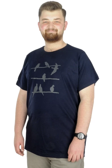 Mode XL Büyük Beden T-Shirt Bisiklet Yaka Birds 22172 Lacivert