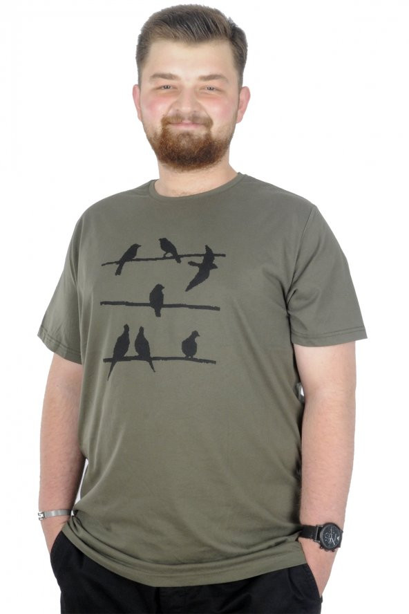 Mode XL Büyük Beden T-Shirt Bisiklet Yaka Birds 22172 Haki