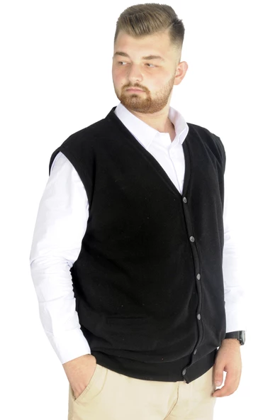 Mode XL Büyük Beden Erkek Yelek Pıtırcık Selanik Düğmeli 20545 Siyah - Resim 2