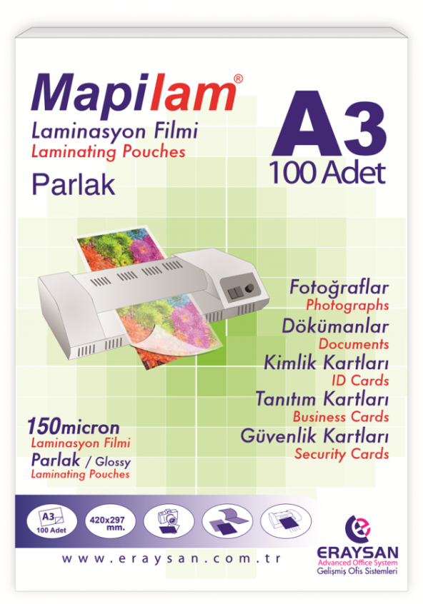 MAPİLAM 150 MİC. PARLAK LAMİNASYON FİLMİ (A3) 100 LÜ