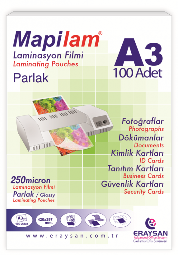 MAPİLAM 250 MİC. PARLAK LAMİNASYON FİLMİ (A3)100 LÜ